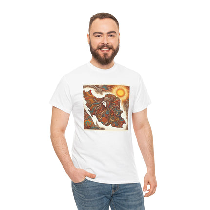 Personalised Persian Unisex T-Shirt – Rising Sun & Long Hair Design | Bohemian Freedom Culture Tee