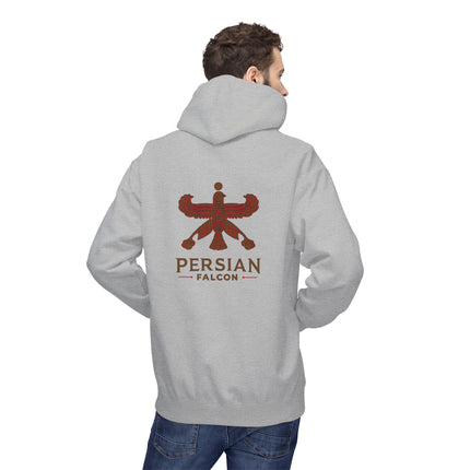 Personalised Casual Unisex Fleece Hoodie with Bold Graphic Print. Classic Persian Shahbaz Falcon Design. Triple Print.