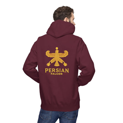 Personalised Casual Unisex Fleece Hoodie with Bold Graphic Print. Classic Persian Shahbaz Falcon Design. Triple Print.