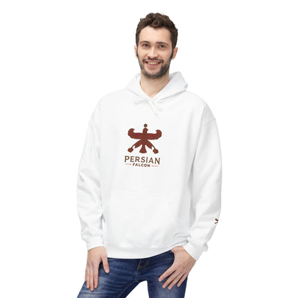 Personalised Casual Unisex Fleece Hoodie with Bold Graphic Print. Classic Persian Shahbaz Falcon Design. Triple Print.