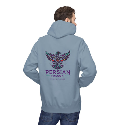 Personalised Casual Unisex Fleece Hoodie with Bold Graphic Print. Modern Persian Shahbaz Falcon Design. Triple Print.