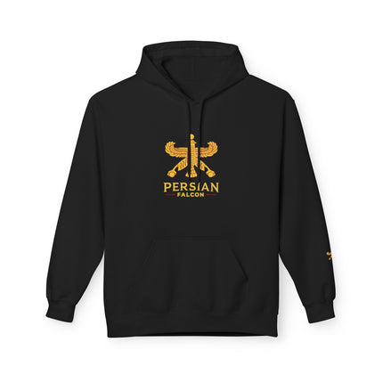 Personalised Casual Unisex Fleece Hoodie with Bold Graphic Print. Classic Persian Shahbaz Falcon Design. Triple Print.
