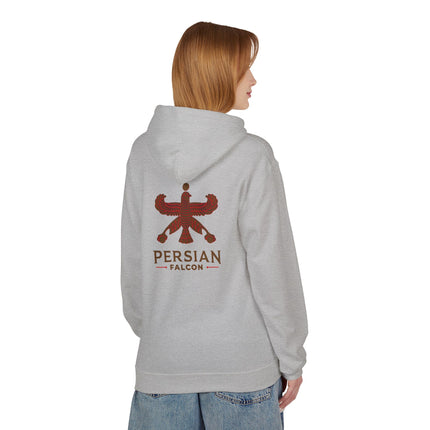 Personalised Casual Unisex Fleece Hoodie with Bold Graphic Print. Classic Persian Shahbaz Falcon Design. Triple Print.