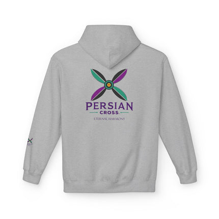Personalised Casual Unisex Fleece Hoodie with Bold Graphic Print. Modern Persian Sassanid Cross. Triple Print.