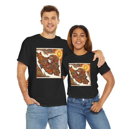 Personalised Persian Unisex T-Shirt – Rising Sun & Long Hair Design | Bohemian Freedom Culture Tee