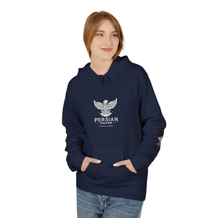 Personalised Casual Unisex Fleece Hoodie with Bold Graphic Print. Modern Persian Shahbaz Falcon Design. Triple Print.