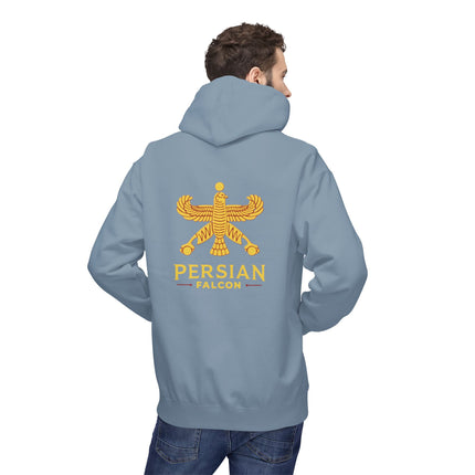Personalised Casual Unisex Fleece Hoodie with Bold Graphic Print. Classic Persian Shahbaz Falcon Design. Triple Print.