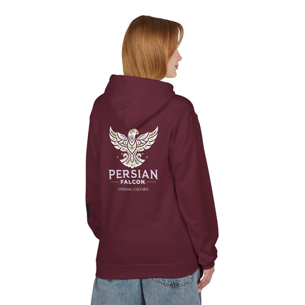 Personalised Casual Unisex Fleece Hoodie with Bold Graphic Print. Modern Persian Shahbaz Falcon Design. Triple Print.