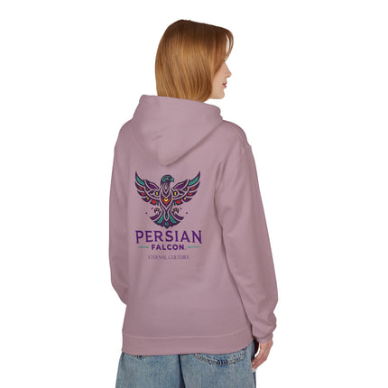 Personalised Casual Unisex Fleece Hoodie with Bold Graphic Print. Modern Persian Shahbaz Falcon Design. Triple Print.