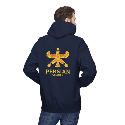 Personalised Casual Unisex Fleece Hoodie with Bold Graphic Print. Classic Persian Shahbaz Falcon Design. Triple Print.