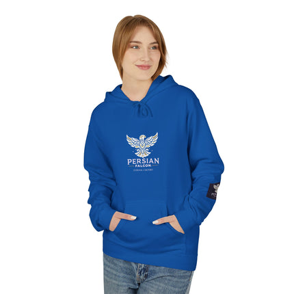 Personalised Casual Unisex Fleece Hoodie with Bold Graphic Print. Modern Persian Shahbaz Falcon Design. Triple Print.