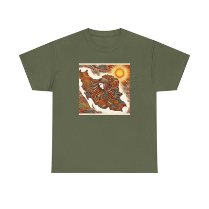 Personalised Persian Unisex T-Shirt – Rising Sun & Long Hair Design | Bohemian Freedom Culture Tee