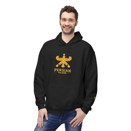 Personalised Casual Unisex Fleece Hoodie with Bold Graphic Print. Classic Persian Shahbaz Falcon Design. Triple Print.