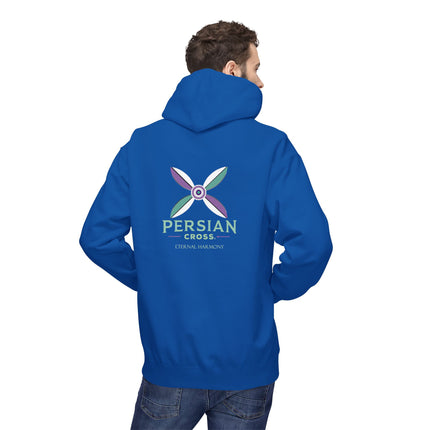 Personalised Casual Unisex Fleece Hoodie with Bold Graphic Print. Modern Persian Sassanid Cross. Triple Print.