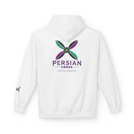 Personalised Casual Unisex Fleece Hoodie with Bold Graphic Print. Modern Persian Sassanid Cross. Triple Print.
