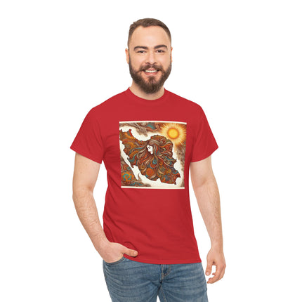 Personalised Persian Unisex T-Shirt – Rising Sun & Long Hair Design | Bohemian Freedom Culture Tee