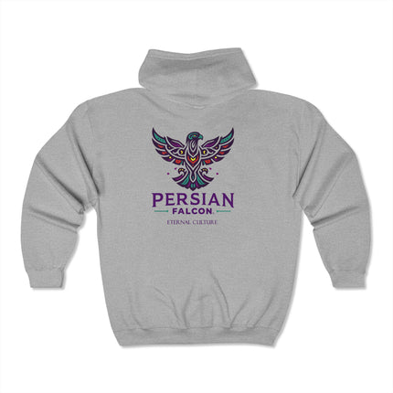 Personalised Unisex Heavy Blend™ Full Zip Hooded Sweatshirt. Modern Persian Shahbaz Falcon Design.