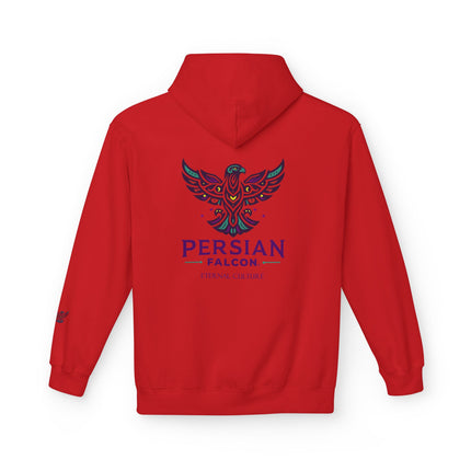 Personalised Casual Unisex Fleece Hoodie with Bold Graphic Print. Modern Persian Shahbaz Falcon Design. Triple Print.