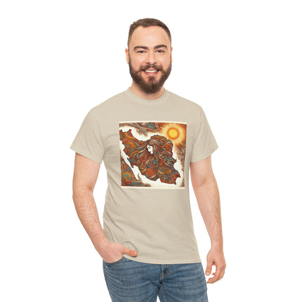 Personalised Persian Unisex T-Shirt – Rising Sun & Long Hair Design | Bohemian Freedom Culture Tee