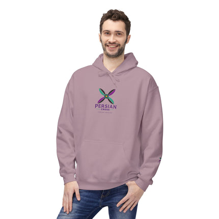 Personalised Casual Unisex Fleece Hoodie with Bold Graphic Print. Modern Persian Sassanid Cross. Triple Print.