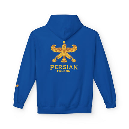 Personalised Casual Unisex Fleece Hoodie with Bold Graphic Print. Classic Persian Shahbaz Falcon Design. Triple Print.