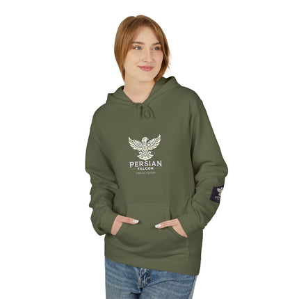 Personalised Casual Unisex Fleece Hoodie with Bold Graphic Print. Modern Persian Shahbaz Falcon Design. Triple Print.
