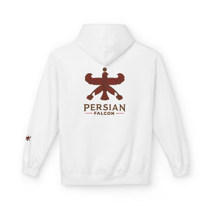 Personalised Casual Unisex Fleece Hoodie with Bold Graphic Print. Classic Persian Shahbaz Falcon Design. Triple Print.