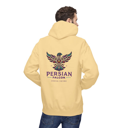 Personalised Casual Unisex Fleece Hoodie with Bold Graphic Print. Modern Persian Shahbaz Falcon Design. Triple Print.