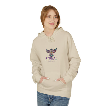 Personalised Casual Unisex Fleece Hoodie with Bold Graphic Print. Modern Persian Shahbaz Falcon Design. Triple Print.