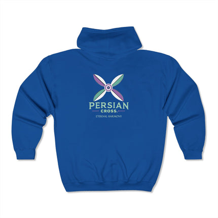 Personalised Unisex Heavy Blend™ Full Zip Hooded Sweatshirt. Modern Persian Sassanid CrossDesign.