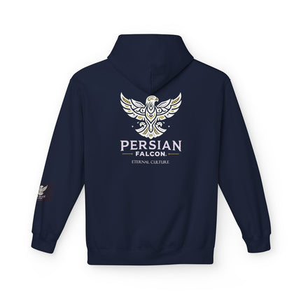Personalised Casual Unisex Fleece Hoodie with Bold Graphic Print. Modern Persian Shahbaz Falcon Design. Triple Print.