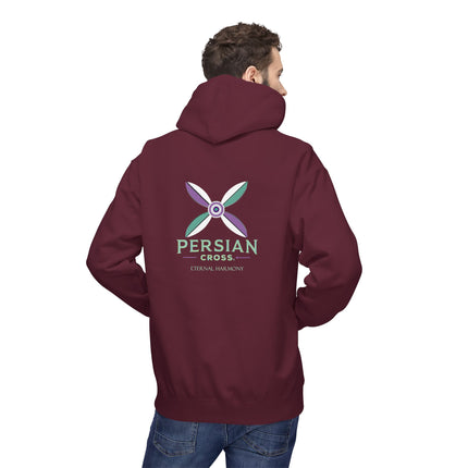 Personalised Casual Unisex Fleece Hoodie with Bold Graphic Print. Modern Persian Sassanid Cross. Triple Print.