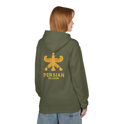 Personalised Casual Unisex Fleece Hoodie with Bold Graphic Print. Classic Persian Shahbaz Falcon Design. Triple Print.