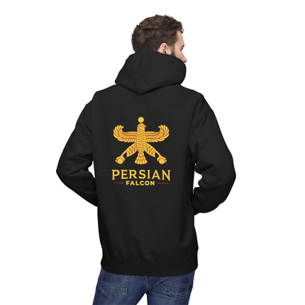 Personalised Casual Unisex Fleece Hoodie with Bold Graphic Print. Classic Persian Shahbaz Falcon Design. Triple Print.