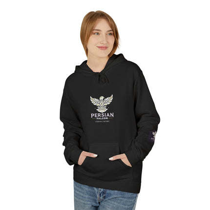 Personalised Casual Unisex Fleece Hoodie with Bold Graphic Print. Modern Persian Shahbaz Falcon Design. Triple Print.