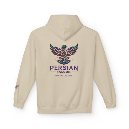 Personalised Casual Unisex Fleece Hoodie with Bold Graphic Print. Modern Persian Shahbaz Falcon Design. Triple Print.
