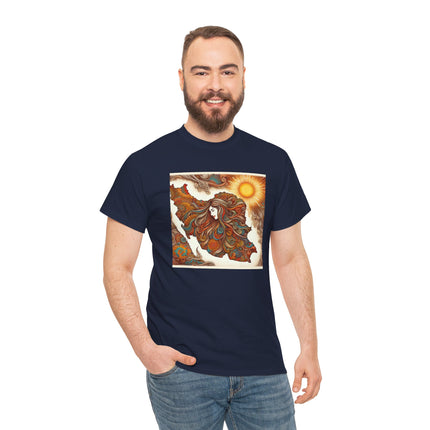Personalised Persian Unisex T-Shirt – Rising Sun & Long Hair Design | Bohemian Freedom Culture Tee