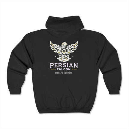 Personalised Unisex Heavy Blend™ Full Zip Hooded Sweatshirt. Modern Persian Shahbaz Falcon Design.