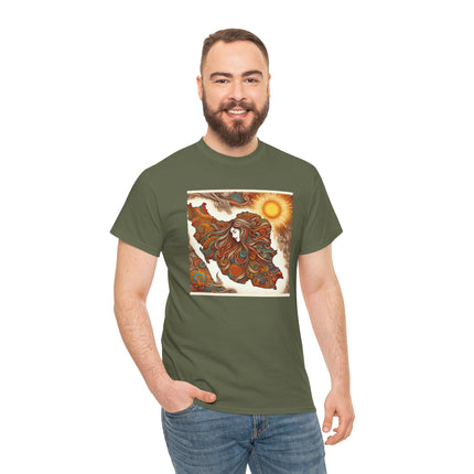 Personalised Persian Unisex T-Shirt – Rising Sun & Long Hair Design | Bohemian Freedom Culture Tee