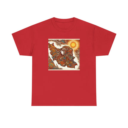 Personalised Persian Unisex T-Shirt – Rising Sun & Long Hair Design | Bohemian Freedom Culture Tee