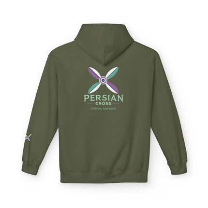 Personalised Casual Unisex Fleece Hoodie with Bold Graphic Print. Modern Persian Sassanid Cross. Triple Print.