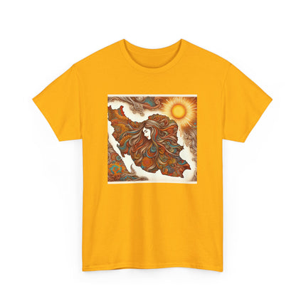 Personalised Persian Unisex T-Shirt – Rising Sun & Long Hair Design | Bohemian Freedom Culture Tee