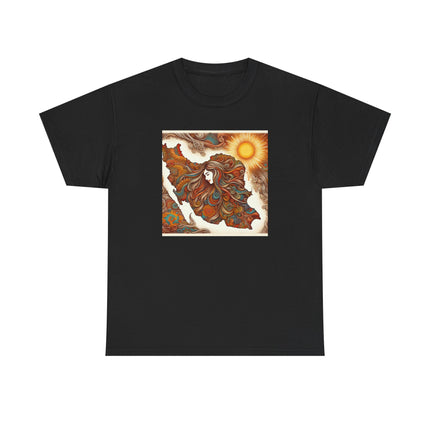 Personalised Persian Unisex T-Shirt – Rising Sun & Long Hair Design | Bohemian Freedom Culture Tee