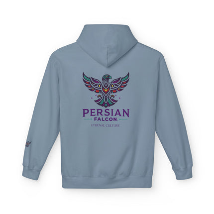 Personalised Casual Unisex Fleece Hoodie with Bold Graphic Print. Modern Persian Shahbaz Falcon Design. Triple Print.