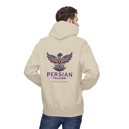 Personalised Casual Unisex Fleece Hoodie with Bold Graphic Print. Modern Persian Shahbaz Falcon Design. Triple Print.