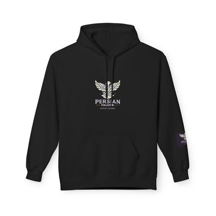 Personalised Casual Unisex Fleece Hoodie with Bold Graphic Print. Modern Persian Shahbaz Falcon Design. Triple Print.