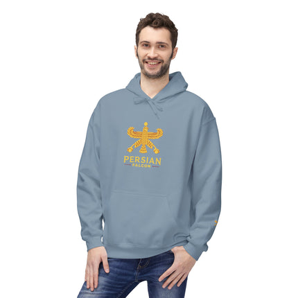 Personalised Casual Unisex Fleece Hoodie with Bold Graphic Print. Classic Persian Shahbaz Falcon Design. Triple Print.