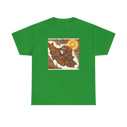Personalised Persian Unisex T-Shirt – Rising Sun & Long Hair Design | Bohemian Freedom Culture Tee