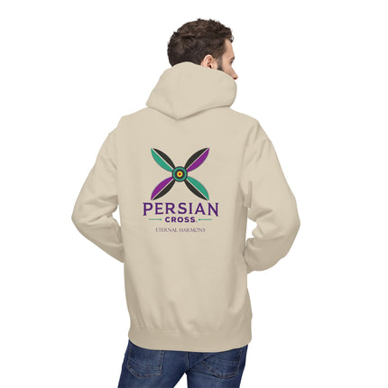 Personalised Casual Unisex Fleece Hoodie with Bold Graphic Print. Modern Persian Sassanid Cross. Triple Print.