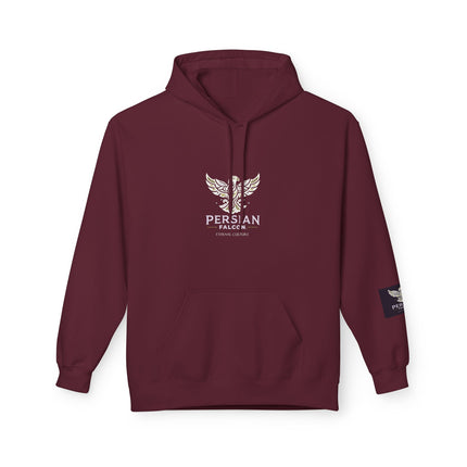 Personalised Casual Unisex Fleece Hoodie with Bold Graphic Print. Modern Persian Shahbaz Falcon Design. Triple Print.